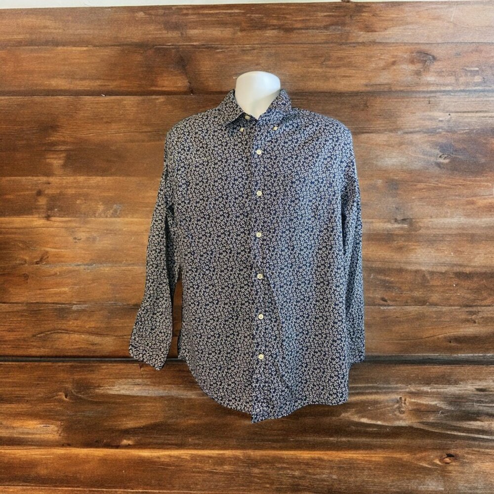 Chaps Mens Large Navy White Coral Print Long-Sleeve Button-Down Shirt Preppy